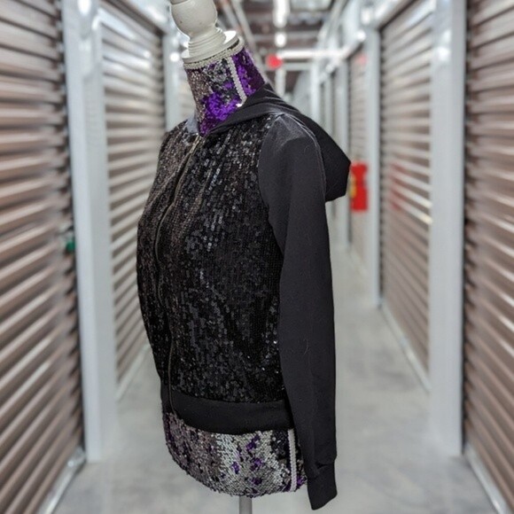 Forever 21 Black Sequins Front Zip Up Hoodie Sweater Jacket - Picture 5 of 10